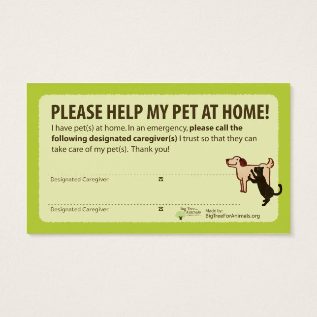 "HELP! I have Pets At Home” Pet Alert Card Visitekaartje (Achterkant)