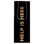 HELP IS HIER Tekst in Faux Gold Foil op zwart Wijn Cadeautas (Voorkant)