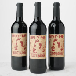 HELP ME Bloedige voet- en handafdruk Halloween Wijn Etiket