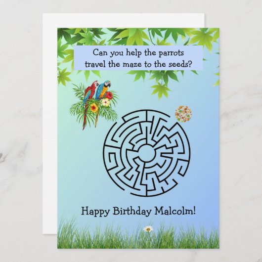 Help papegaaien reizen doolhof op verjaardagskaart (Voorkant / Achterkant)