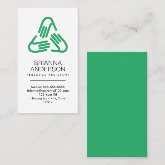 Helpende handen symbool, groen, persoonlijke assis visitekaartje (Voorkant / Achterkant)