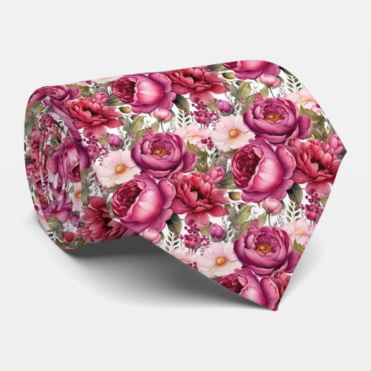 Helroze Bloemenschildering Waterverf Herenstropdas Stropdas (Opgerold)