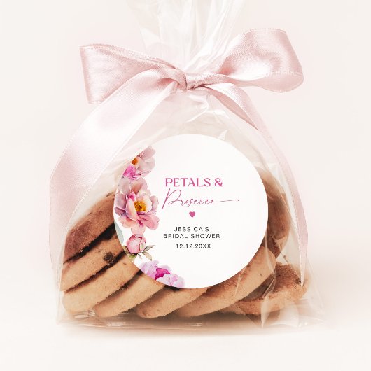 Helroze pioenroze bloemblaadjes en prosecco bruid ronde sticker