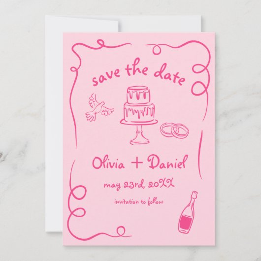 Helroze Whimsicale Handgetekende Huwelijksfoto Save The Date (Voorkant)