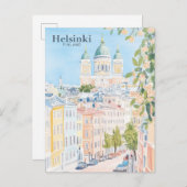 Helsinki Finland Gouache Schilderillustratie Reize Briefkaart (Voorkant / Achterkant)