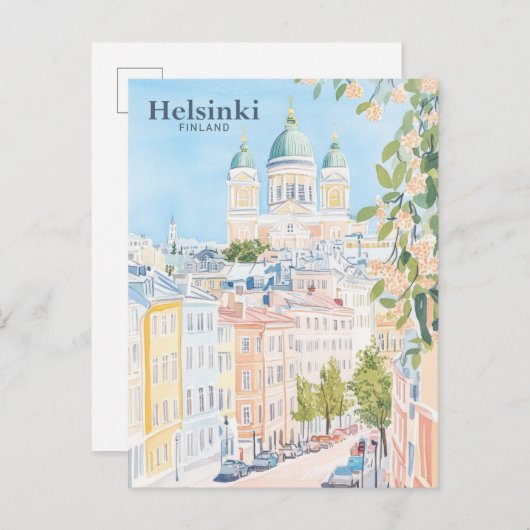Helsinki Finland Gouache Schilderillustratie Reize Briefkaart (Voorkant / Achterkant)