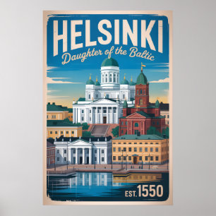 Helsinki Finland Retro Silhouette Stadslandschap R Poster