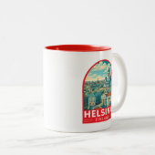 Helsinki Finland Travel Art Emblem Tweekleurige Koffiemok (Voorkant rechts)