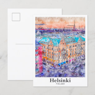 Helsinki Finland Travel Waterverf Hand getekend Briefkaart