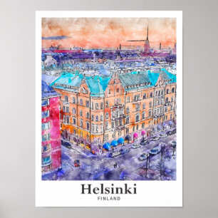 Helsinki Finland Travel Waterverf Hand getekend Poster