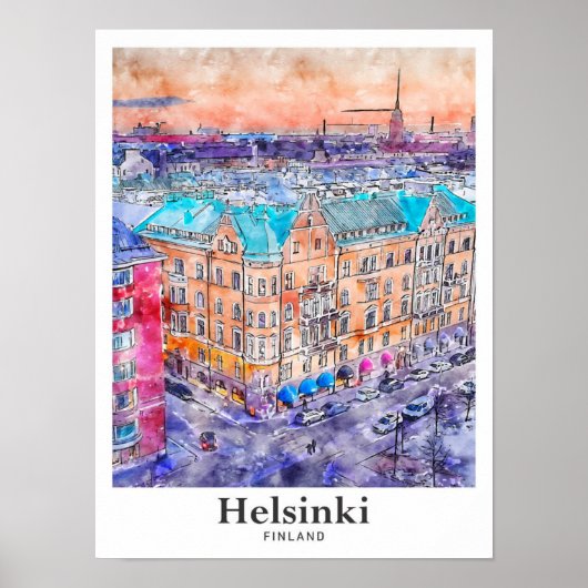 Helsinki Finland Travel Waterverf Hand getekend Poster (Voorkant)