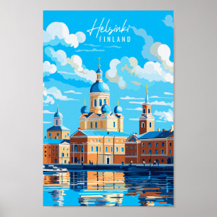 Helsinki Finland vintage reisillustratie Poster