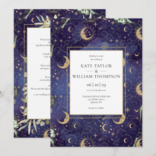 Hemel Gouden Sterren Maan Sterren QR Code Bruiloft Kaart (Voorkant / Achterkant)