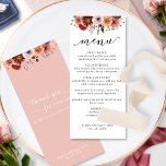 Hemel in Roos, Waterverf Bloemenbruiloft Menu<br><div class="desc">Verras uw gasten met deze prachtige Menukaart. Ontwerp coördinerend onze Hemel in Roos Bruiloft en event uitnodigingen. Apart design met aan de bovenkant een uniek blush, stoffig roos, perzik en bordeaux arrangement en aan de onderkant jouw naam(s) en datum. Hand geschreven Script typografie op de rug en de voorkant met...</div>