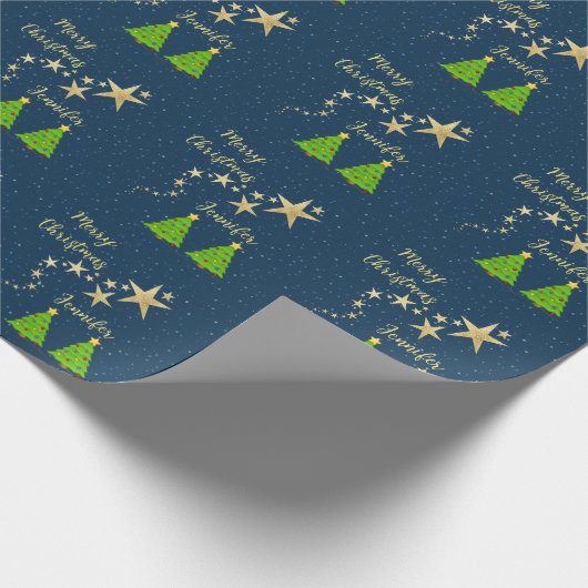 Hemel met sterren kerstboom Vrolijke kerstnaam Cadeaupapier (Hoek)