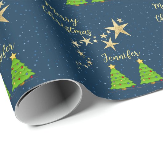 Hemel met sterren kerstboom Vrolijke kerstnaam Cadeaupapier (Rol Hoek)