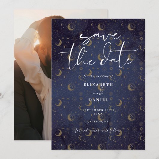 Hemel Mistiche Sterren En Maan Foto Bruiloft Save The Date (Voorkant / Achterkant)