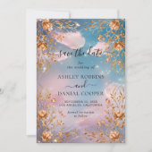 Hemel van Liefde Gouden bloemen Save The Date Kaart (Voorkant)