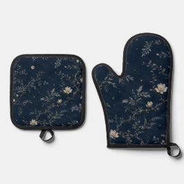 Hemelachtige Middennacht Tuin Bloemig Navy Ovenwant & Pannenlap Set