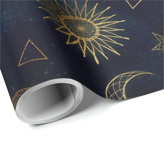 Hemelblauw Goud Zon Maan Sterren Cadeaupapier (Rol Hoek)