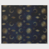 Hemelblauw Goud Zon Maan Sterren Cadeaupapier (Vlak)