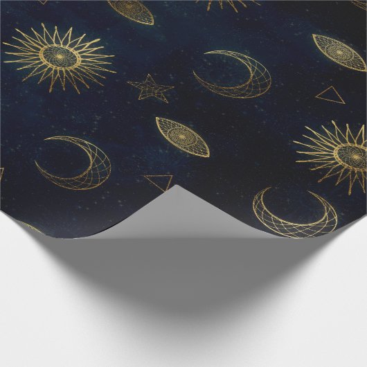 Hemelblauw Goud Zon Maan Sterren Cadeaupapier (Hoek)