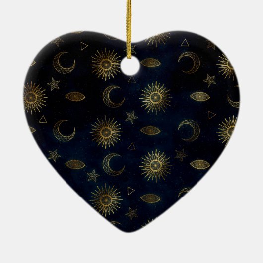 Hemelblauw Goud Zon Maan Sterren Keramisch Ornament (Achterkant)