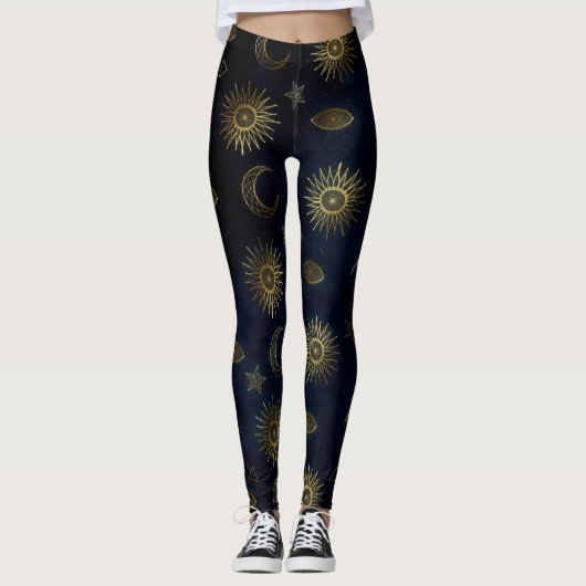 Hemelblauw Goud Zon Maan Sterren Leggings (Voorkant)