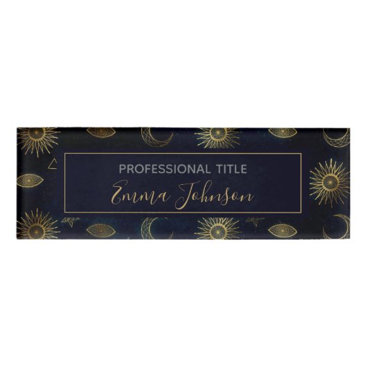Hemelblauw Goud Zon Maan Sterren Naambadge (Voorkant)
