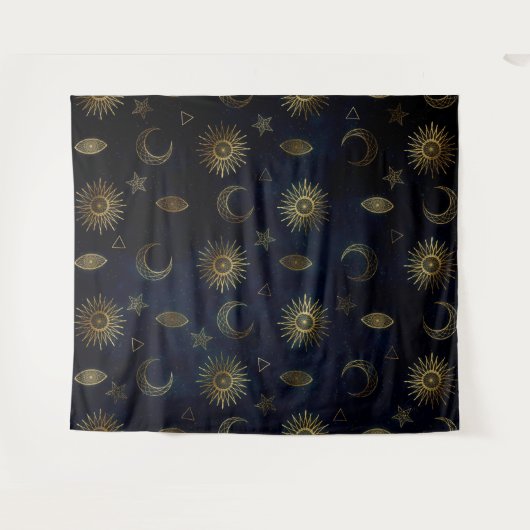 Hemelblauw Goud Zon Maan Sterren Wandkleed (Voorkant (horizontaal))