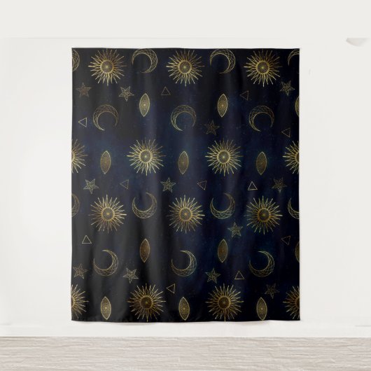 Hemelblauw Goud Zon Maan Sterren Wandkleed (Voorkant)