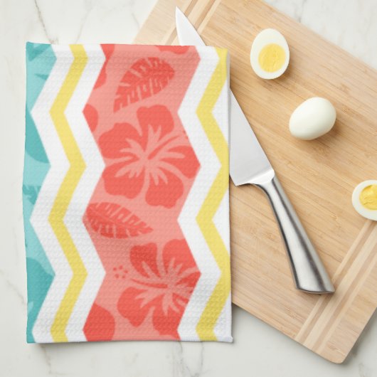 Hemelblauw, koraalroze en geel tropisch patroon theedoek (Quarter Fold)
