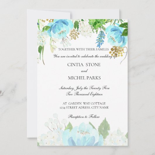 Hemelblauwe bloemen waterverf huwelijksuitnodiging kaart (Voorkant)