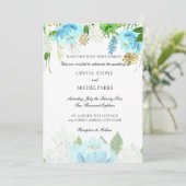 Hemelblauwe bloemen waterverf huwelijksuitnodiging kaart (Staand voorkant)