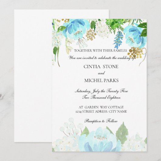 Hemelblauwe bloemen waterverf huwelijksuitnodiging kaart (Voorkant / Achterkant)