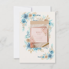 Hemelblauwe Bloemige RSVP Kaart Elegante Huwelijks