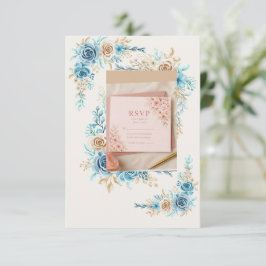 Hemelblauwe Bloemige RSVP Kaart Elegante Huwelijks