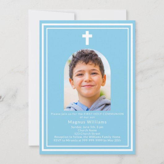 Hemelblauwe boog foto jongen Eerste Heilige Commun Kaart (Voorkant)