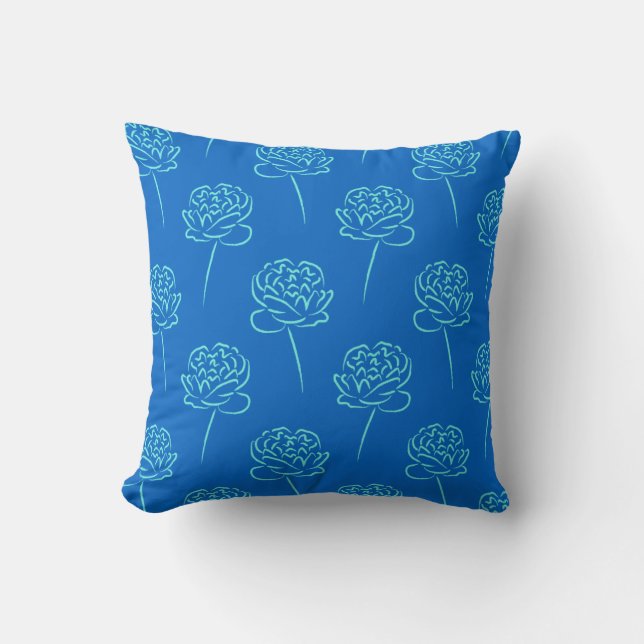 Hemelblauwe en Aqua Bloemenschets Kussen (Voorkant)