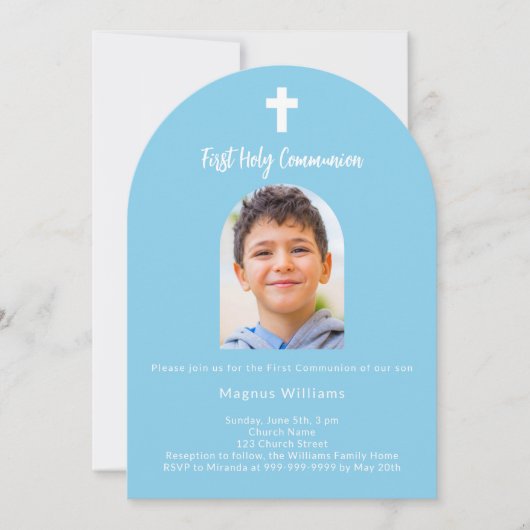 Hemelblauwe foto boogjongen Eerste Heilige Communi Kaart (Voorkant)