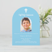 Hemelblauwe foto boogjongen Eerste Heilige Communi Kaart (Staand voorkant)