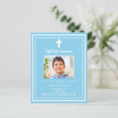 Hemelblauwe foto Eerste Heilige Communie uitnodigi (Staand voorkant)