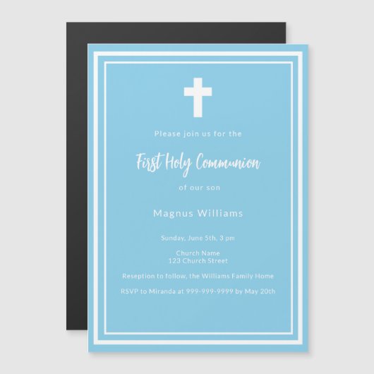 Hemelblauwe jongen Eerste Heilige Communie Magnetische Uitnodiging (Voorkant / Achterkant)