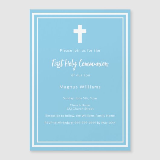 Hemelblauwe jongen Eerste Heilige Communie Magnetische Uitnodiging (Voorkant)