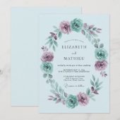 Hemelblauwe Mauve Rozen Bruiloft Kaart (Voorkant / Achterkant)