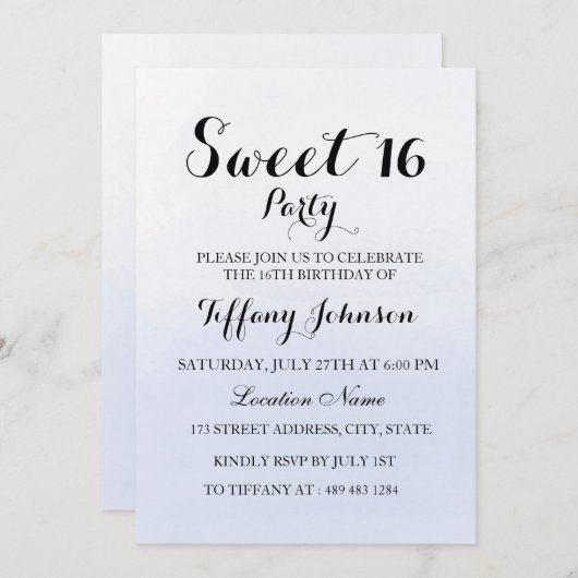 Hemelblauwe Pastel Sweet 16 Feest Uitnodiging (Voorkant / Achterkant)