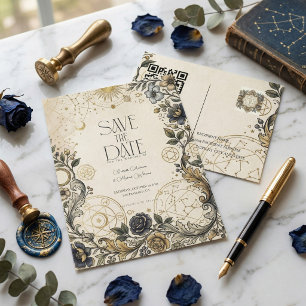 Hemelbloem Vintage Trouw QR Save The Date Briefkaart