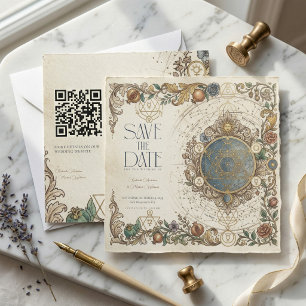 Hemelbloem Vintage Trouw QR Save The Date Kaart