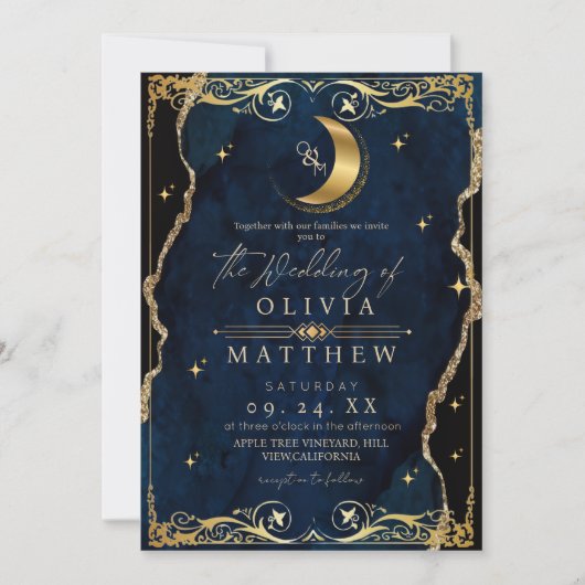 Hemelbruiloft Blauw en Goud Foto Bruiloft Kaart (Voorkant)