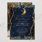 Hemelbruiloft Blauw en Goud Foto Bruiloft Kaart (Voorkant / Achterkant)